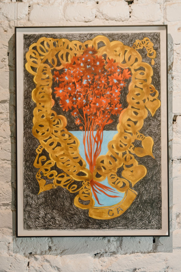 CHAIN AND A BUNCH OF FLOWERS IN AN HOURGLASS INSTEAD OF A VASE FOR C.A.